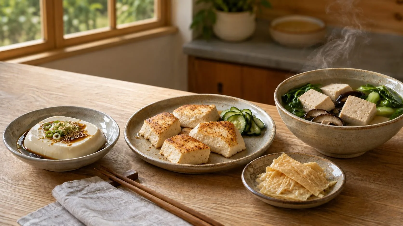 Silken tofu, golden baked tofu, frozen–thawed tofu in mushroom broth and folded yuba demonstrate different ways to refresh a tofu routine.