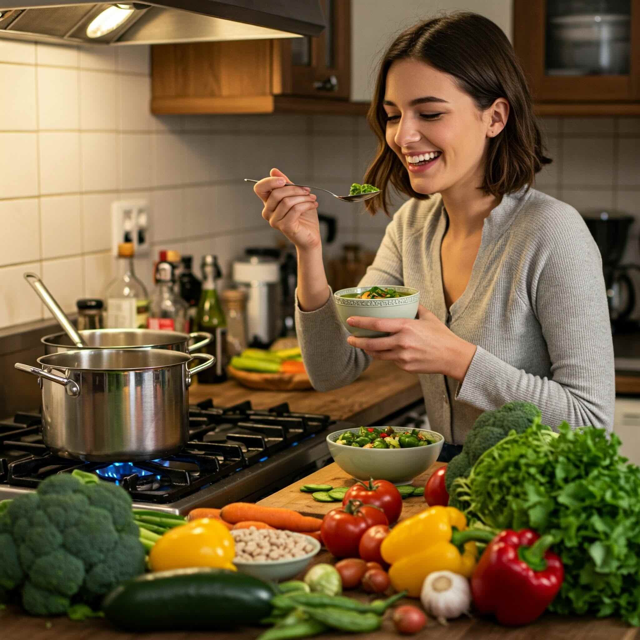 A home cook tasting as they go, surrounded by vegetables, spices, and pots—illustrating intuitive, no-recipe cooking.