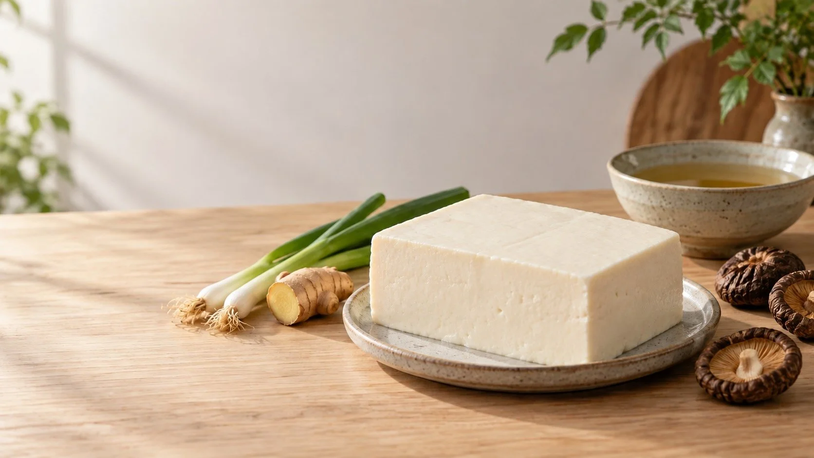 Fresh block of tofu with ginger, spring onions, dried shiitake mushrooms and a bowl of clear broth on a pale-oak worktop.