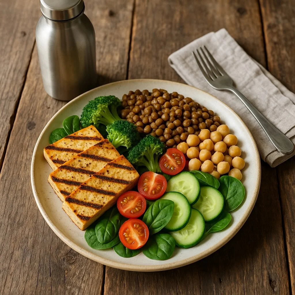 Grilled tofu with lentils, chickpeas, and vegetables – a climate-friendly meal.