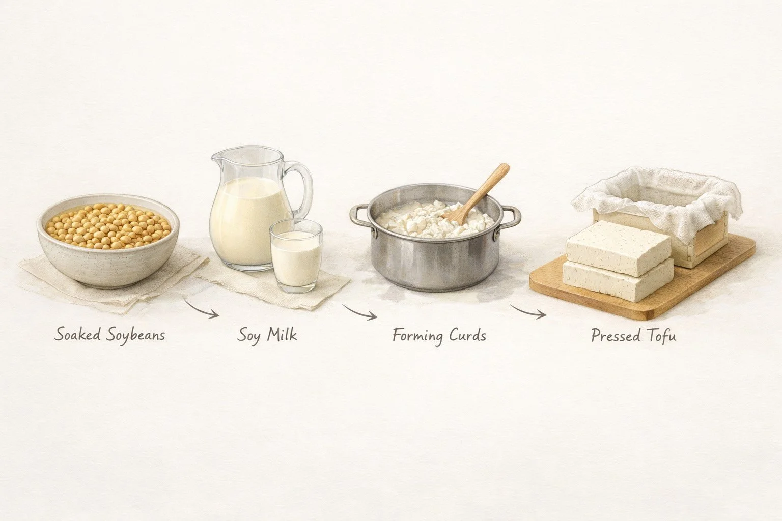 Illustration showing how soybeans are transformed into tofu through soaking, soy milk extraction, coagulation, and pressing.