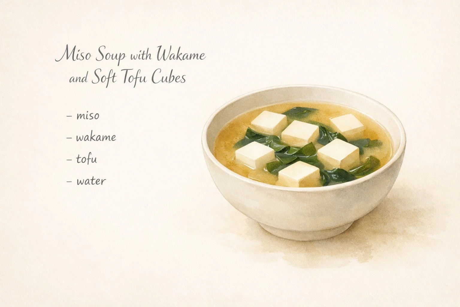 Artistic recipe card illustration of miso soup with wakame and soft tofu cubes in a calm, minimal Japanese-inspired bowl.