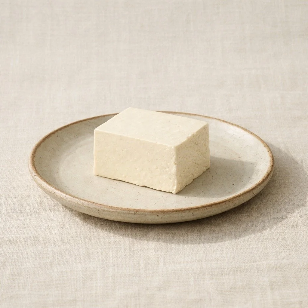Minimalist editorial illustration of a plain block of tofu on a ceramic plate, softly lit to highlight subtle texture differences.
