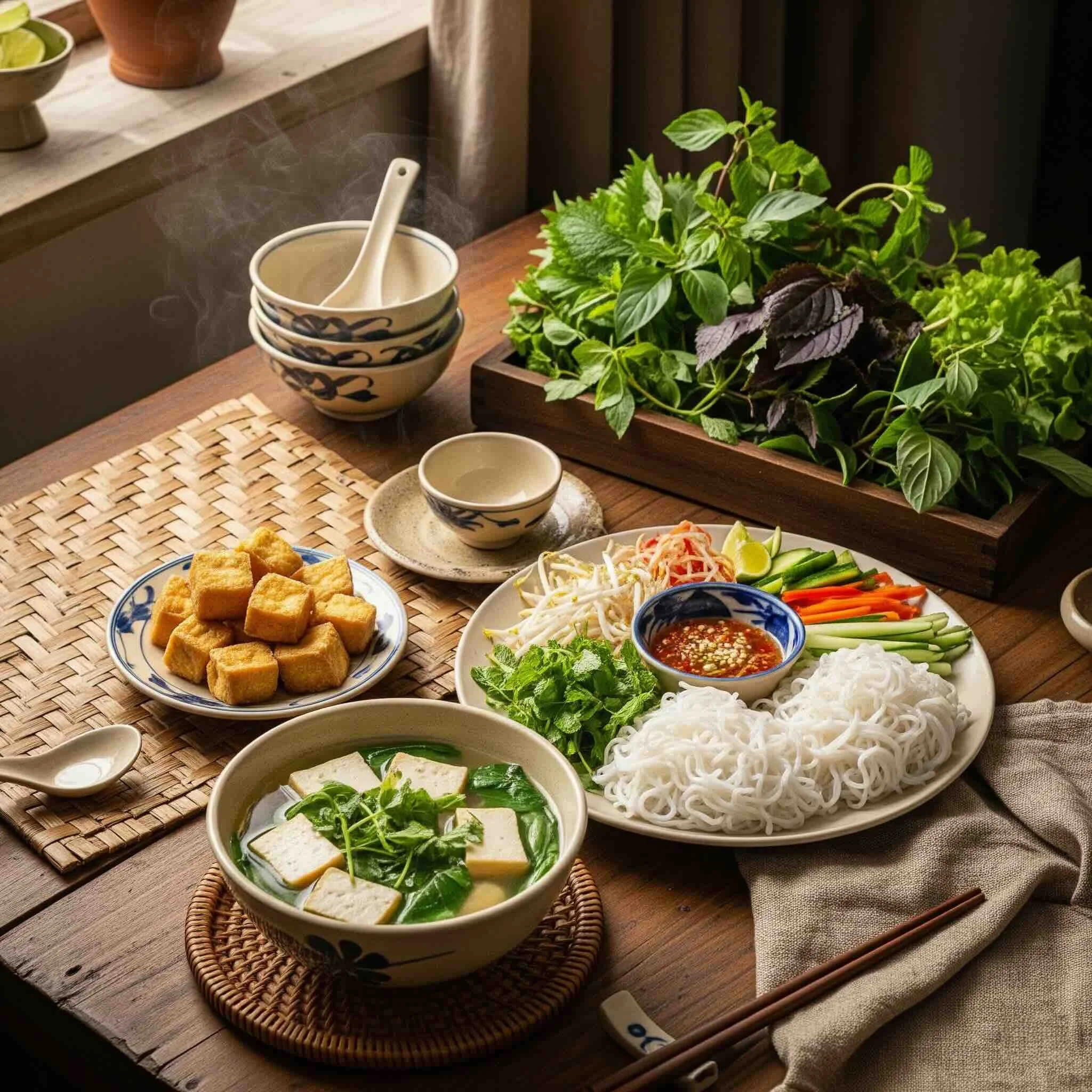 Vietnamese home table with phở chay, bún noodles, tofu, nước chấm, and fresh herbs in a rustic, plant-filled setting.