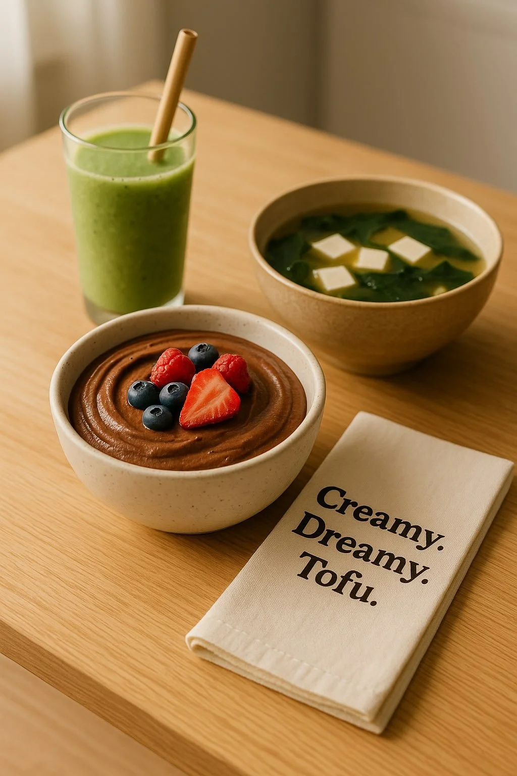 Soft tofu in three dishes – mousse, smoothie, and soup on a wooden bench.