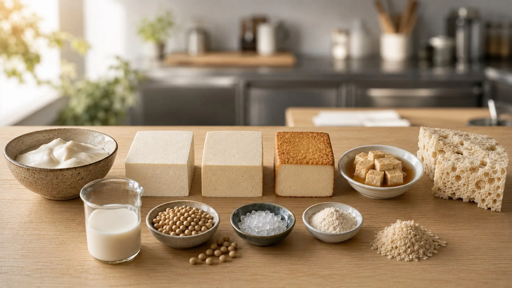 Different innovative tofu varieties including silken, firm, smoked, fermented and frozen tofu displayed with soybeans, soy milk, coagulants and okara, illustrating modern tofu production and culinary innovation.