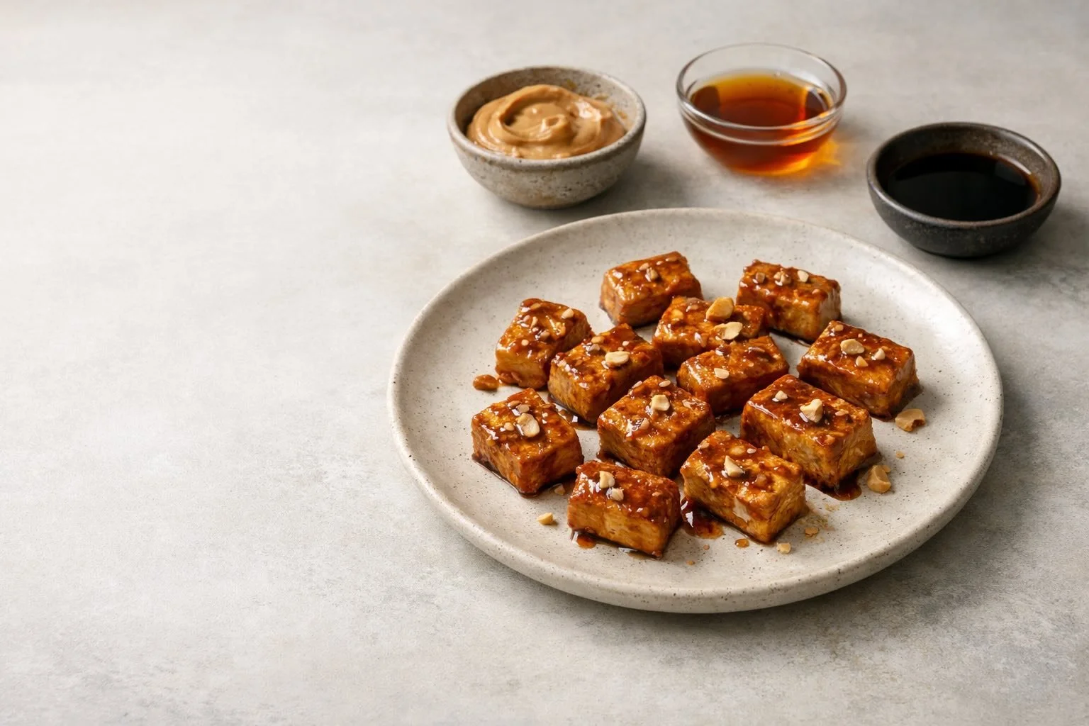 Peanut maple glazed tofu with simple ingredients in a calm editorial still-life