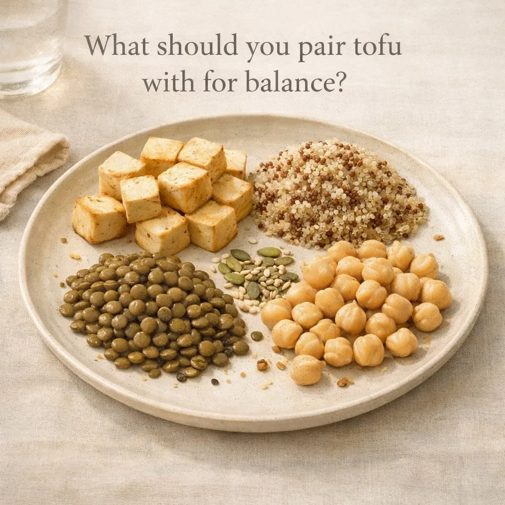 Balanced plant-based plate showing tofu paired with lentils, grains, and seeds