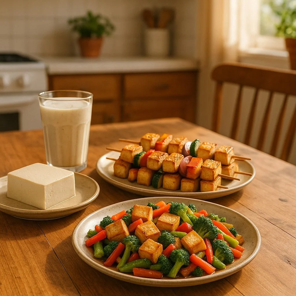Tofu in different dishes—smoothie, skewers, stir-fry—showcasing its versatility for flexitarian diets.