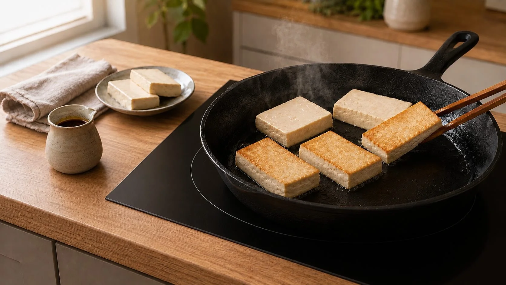 Firm tofu sizzles in a lightly oiled cast-iron pan as golden crusts form, with one piece lifted to reveal its evenly browned underside.