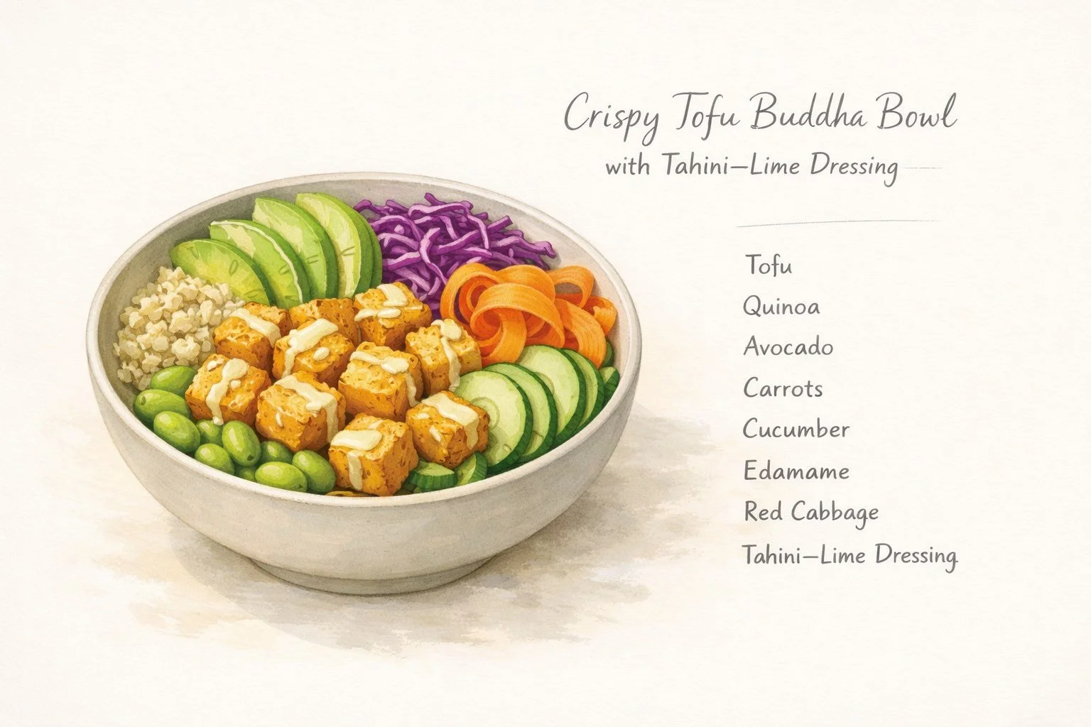 Artistic recipe card illustration of a crispy tofu Buddha bowl with fresh vegetables and a light tahini lime dressing in a minimalist ceramic bowl.