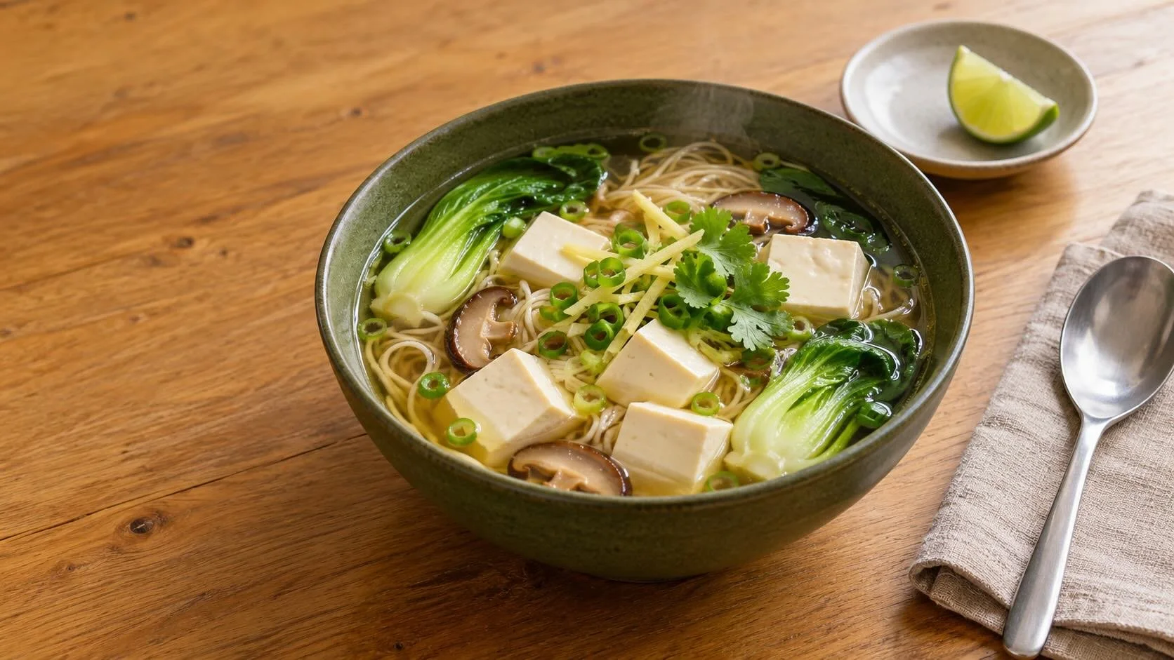 Tofu noodle soup with pak choi, shiitake mushrooms, ginger, coriander and spring onion in an olive-green bowl.