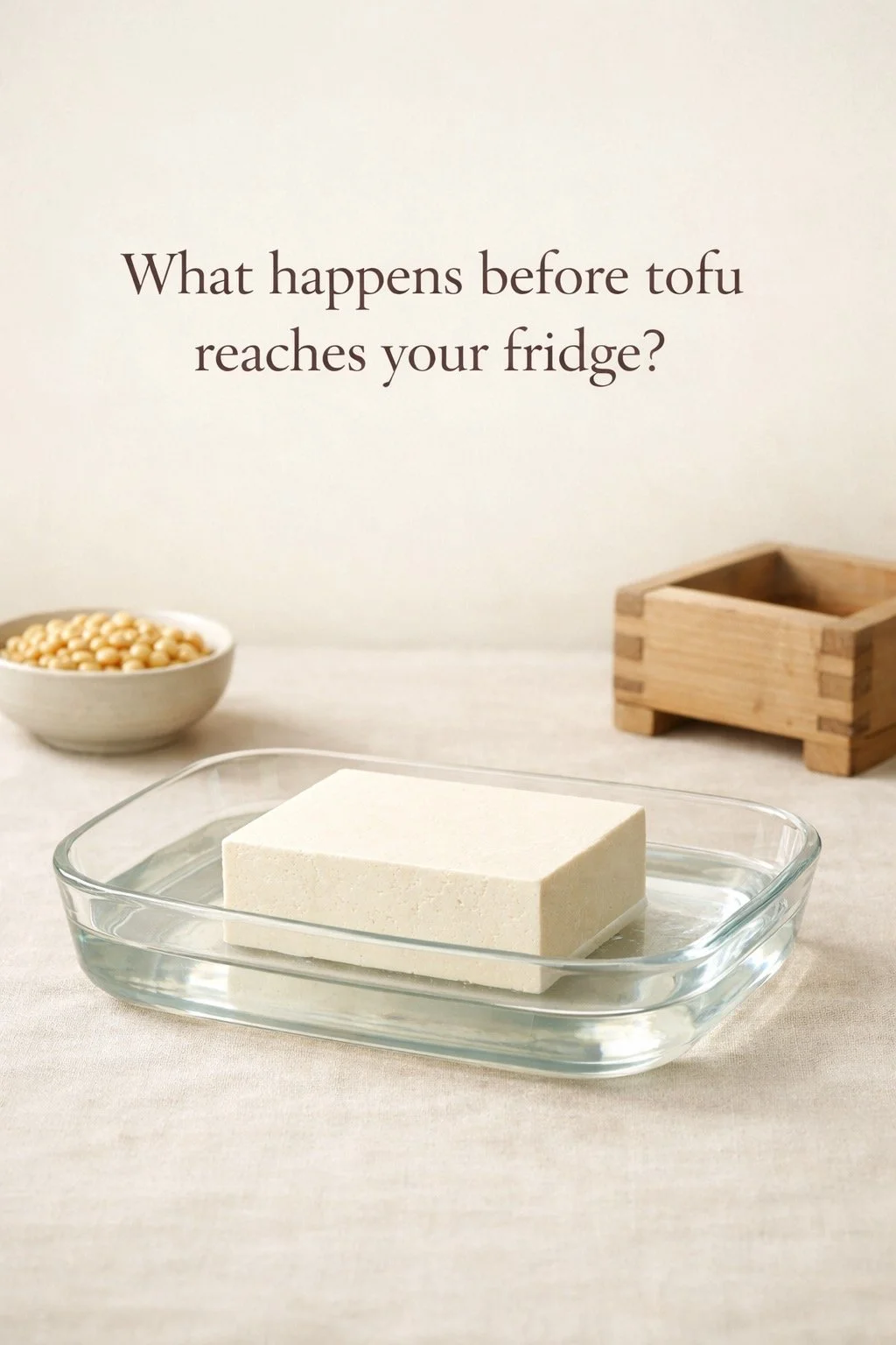 Fresh tofu in water with soybeans and a tofu mould illustrating how tofu is made before refrigeration