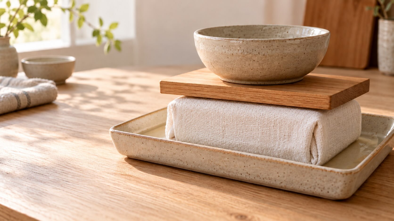 Firm tofu gently pressed beneath a small weighted board on a clean cloth in a shallow tray.