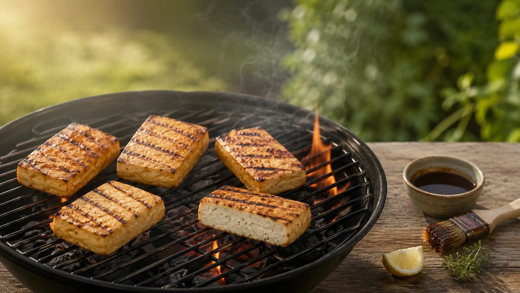 Thick tofu slabs browning over glowing charcoal, with distinct grill marks, a moist pale centre and reserved glaze nearby.