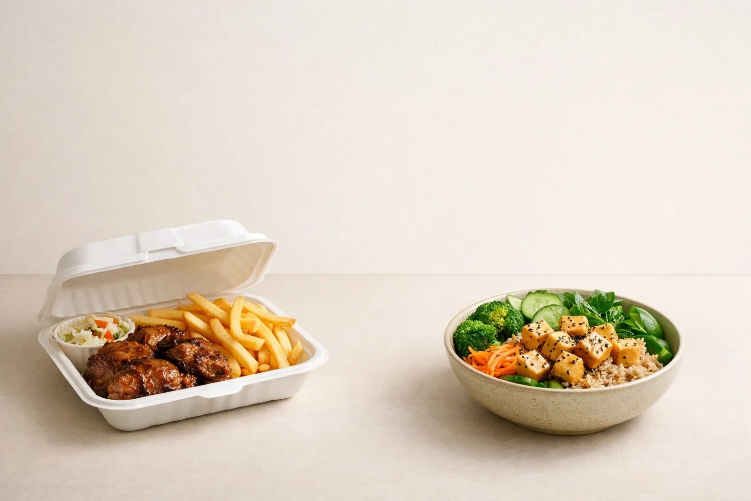 Comparison of meat takeaway and tofu grain bowl on minimalist office desk.