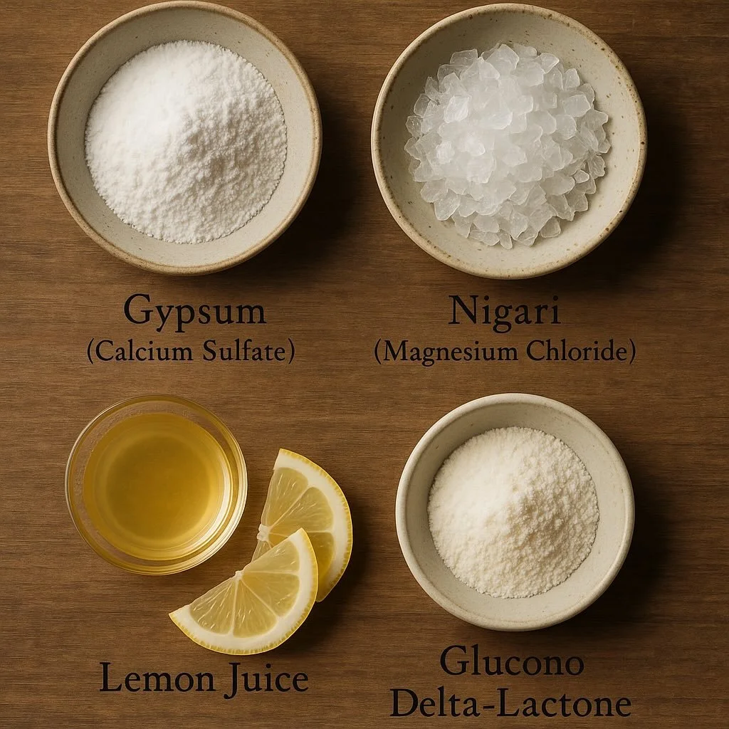 Four common tofu coagulants displayed in bowls: gypsum powder, nigari flakes, lemon juice in a glass, and GDL powder, arranged neatly on a wooden table.