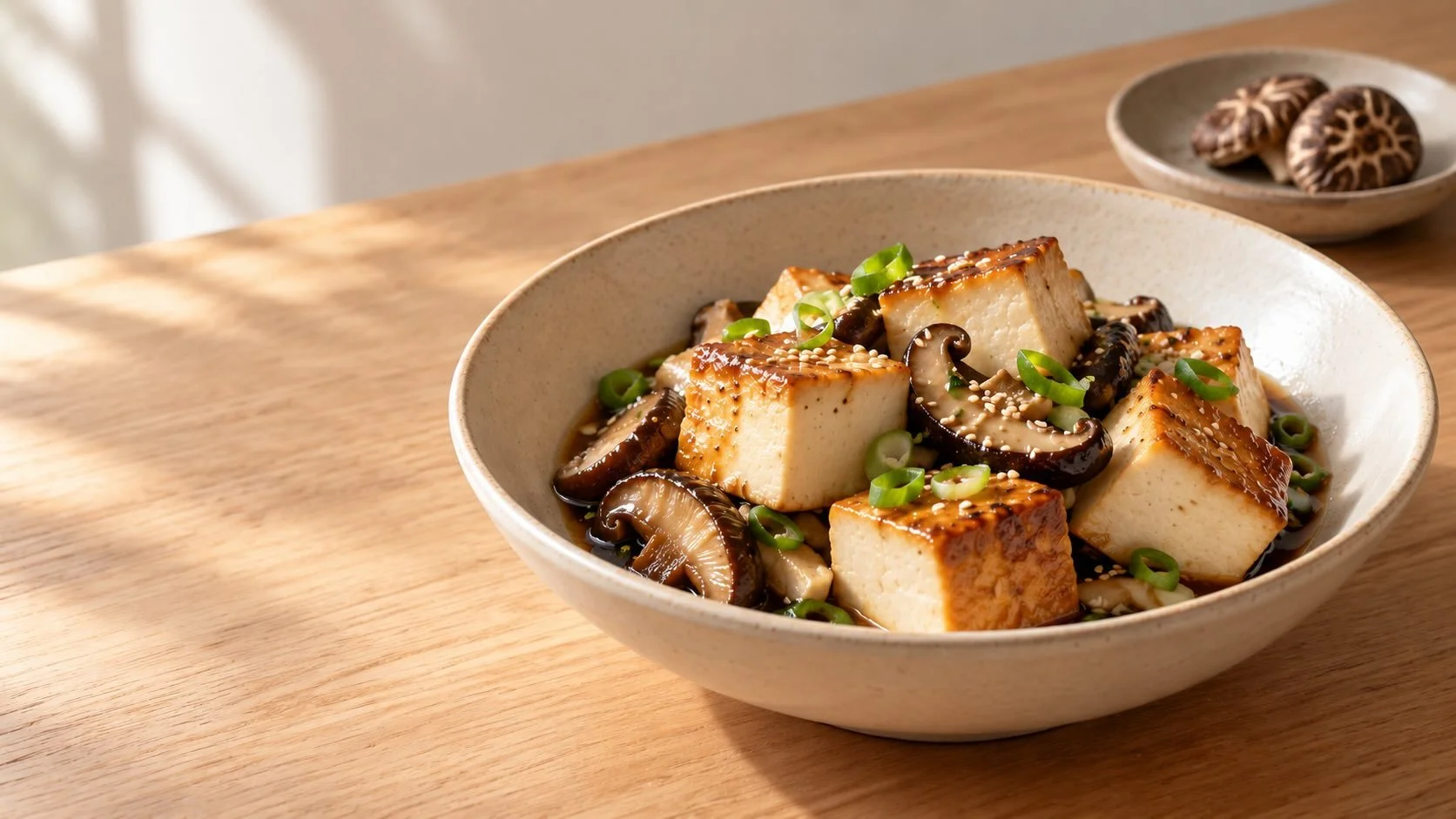 Golden glazed tofu cubes with shiitake mushrooms, spring onions and sesame in a ceramic bowl on a pale-oak worktop.