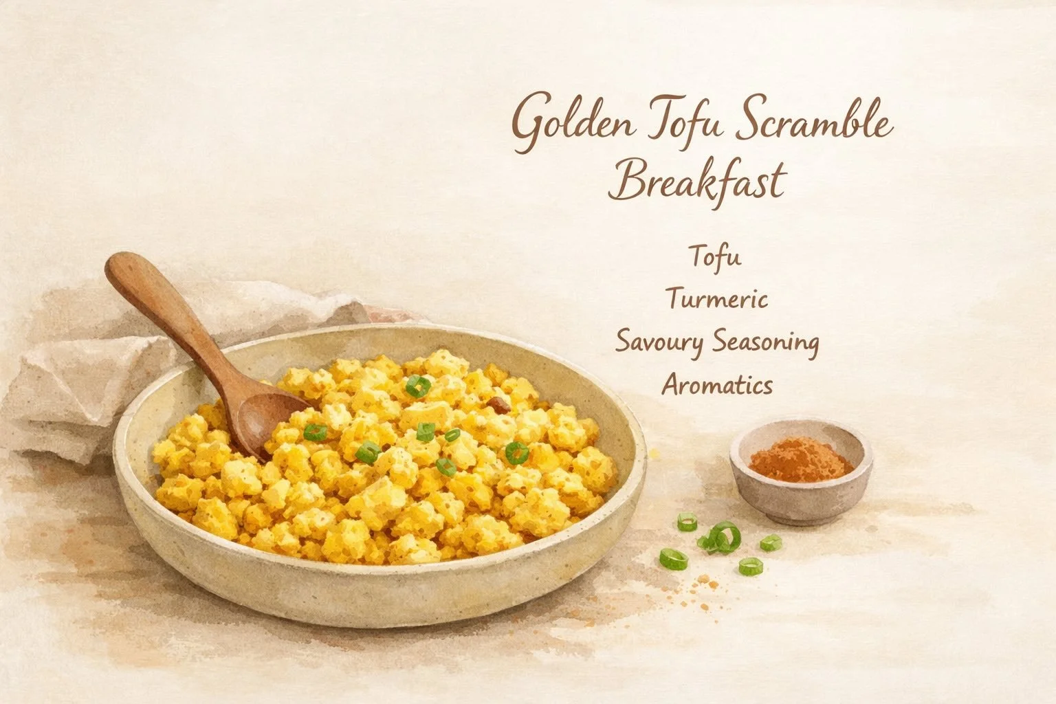 Artistic recipe card illustration of golden tofu scramble breakfast with soft curds and warm, minimal styling.