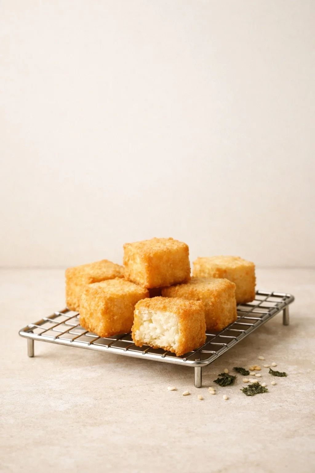 Golden crispy tofu cubes on a wire rack with one piece cut open to reveal crisp crust and tender interior in a minimalist still-life composition.