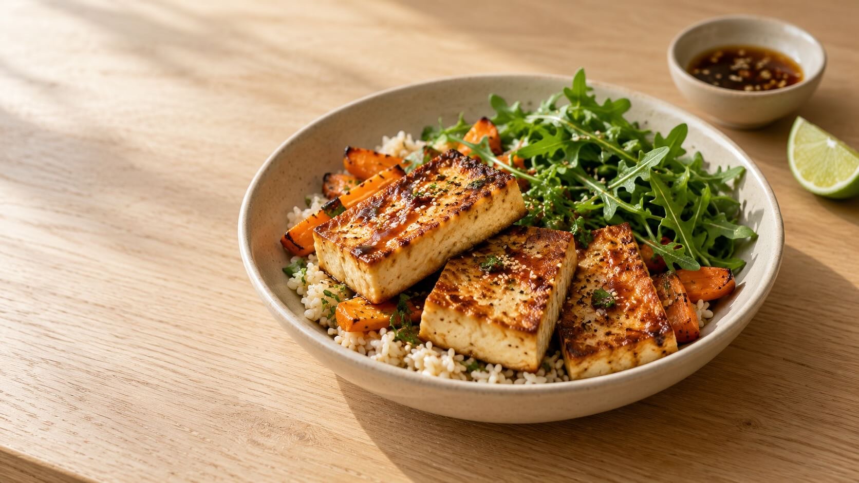 Golden pan-seared tofu slabs overlapping in a bowl with rice, roast carrots and rocket, with lime and dressing nearby.