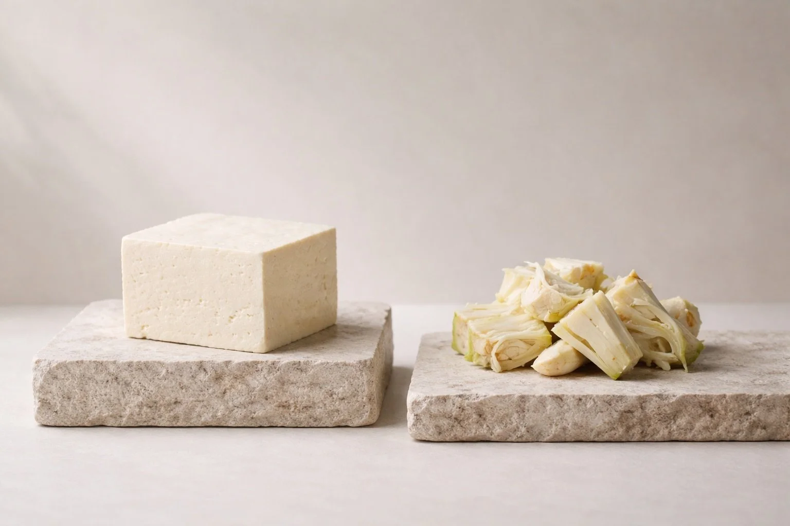 Editorial still life of tofu and jackfruit arranged symbolically to show balance between protein and texture in plant-based meals.