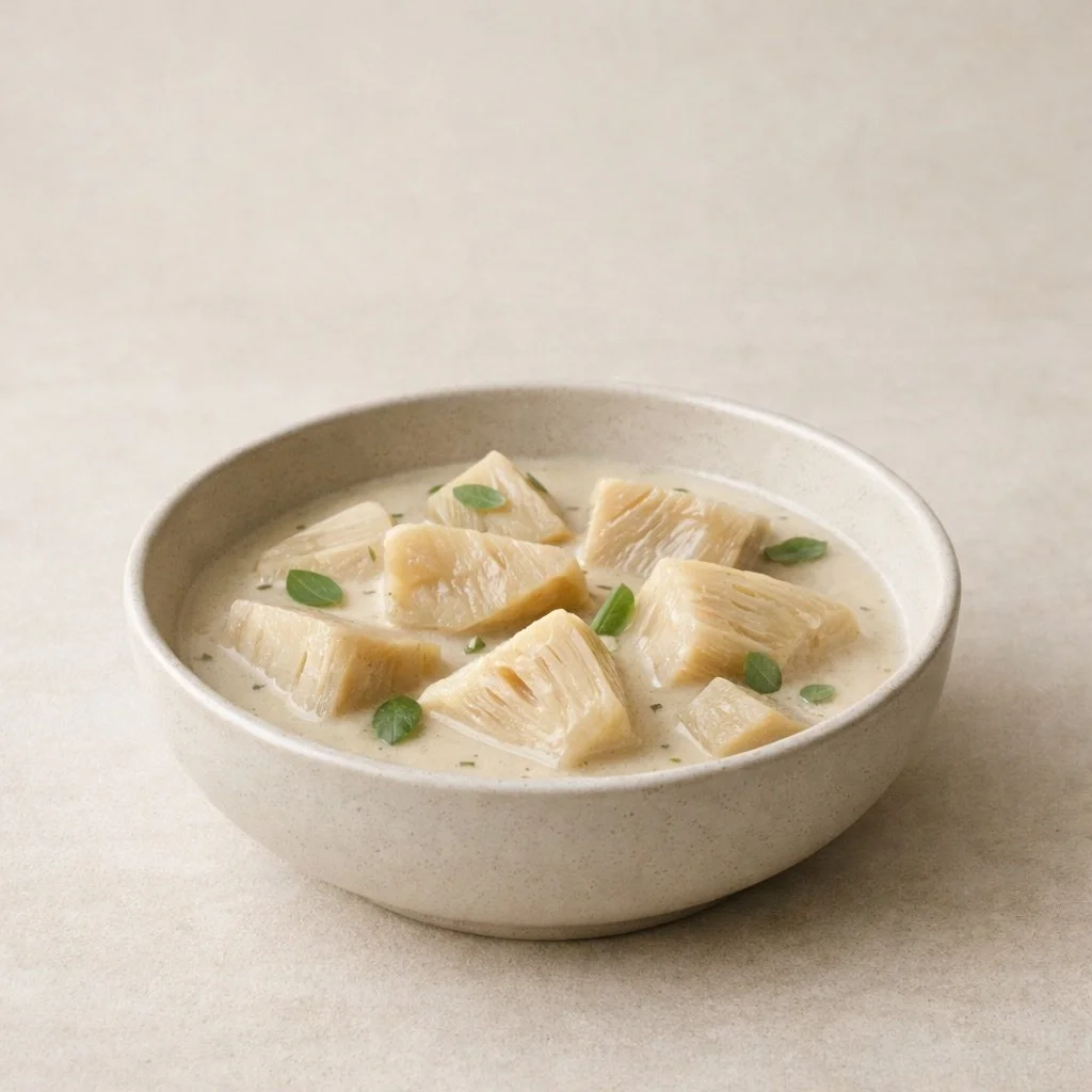 Young green jackfruit pieces cooked in a light coconut gravy in a simple ceramic bowl