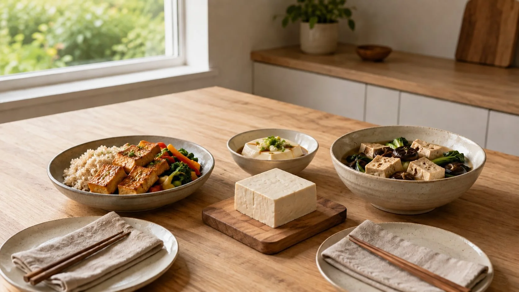 A shared plant-based meal with pan-seared, silken and braised tofu, alongside a fresh tofu block on a timber kitchen island.