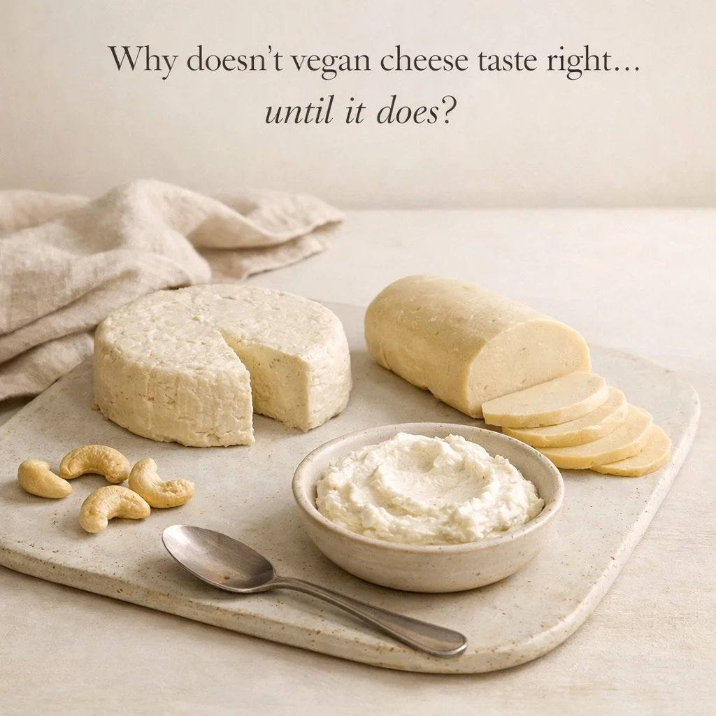 Editorial illustration of handcrafted vegan cheeses made from plant-based ingredients, showing creamy and semi-firm dairy-free cheese textures in a calm, minimalist setting.