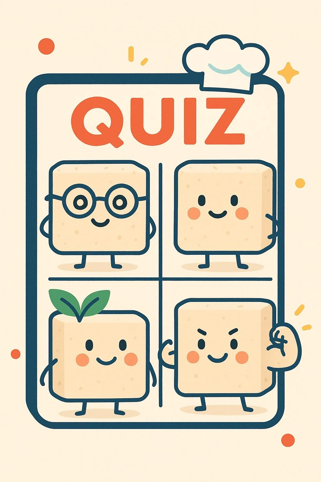 Playful tofu characters on a quiz board representing history, nutrition, cooking, and sustainability.