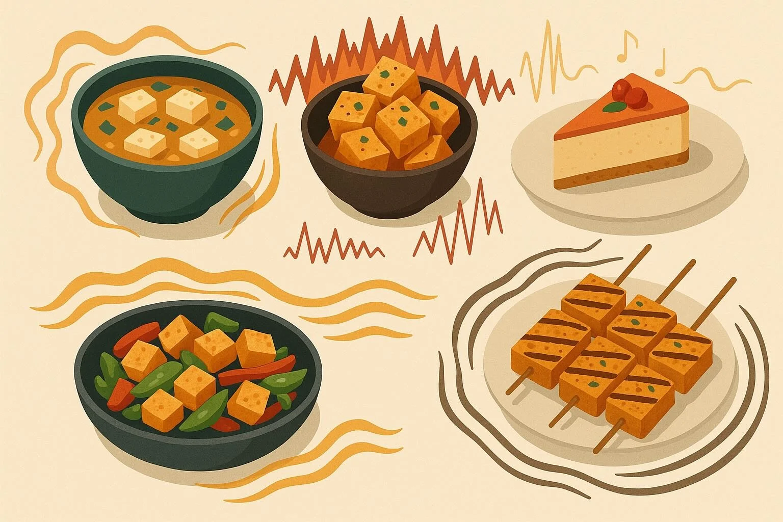 Tofu dishes surrounded by soundwaves symbolising how music changes flavour.