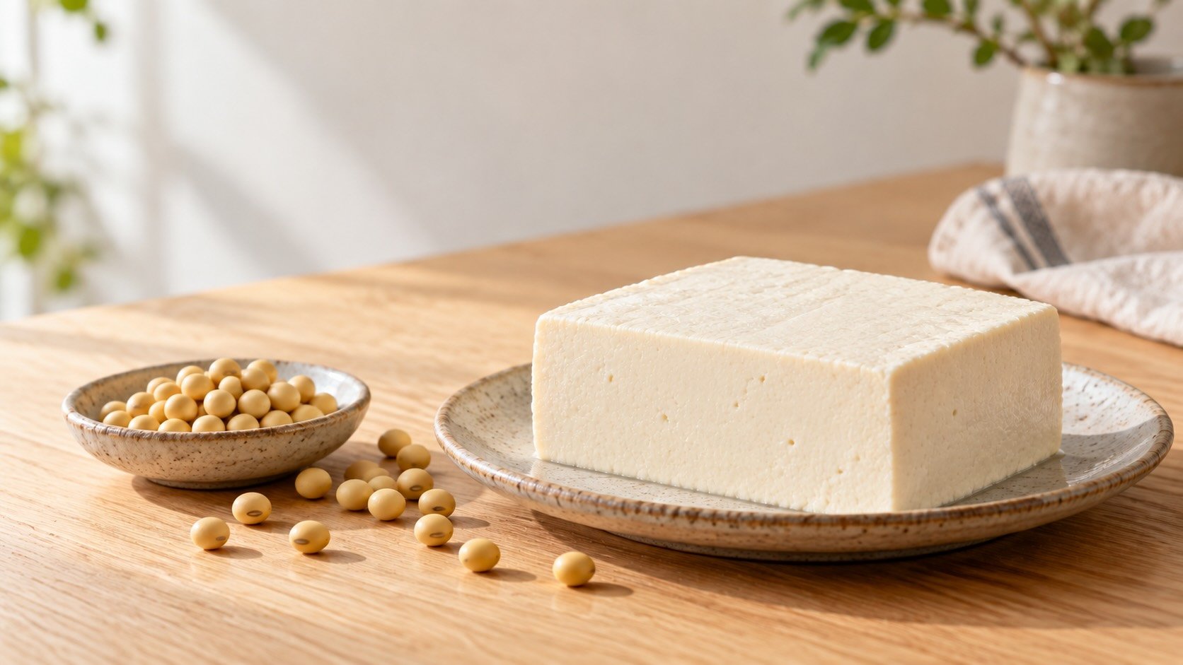 Fresh firm tofu with dried soybeans on a pale-oak kitchen worktop, showing tofu's natural connection to the soybean.