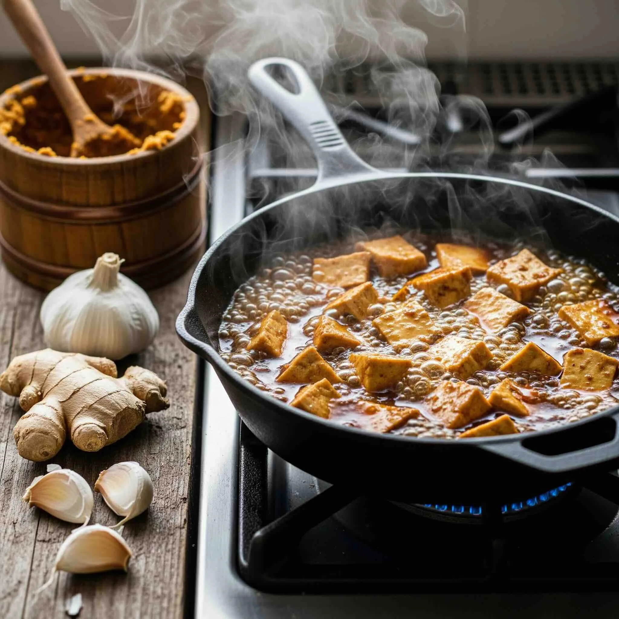 A pan of tofu simmering in miso-ginger sauce on a rustic stovetop, with ingredients nearby and visible steam.