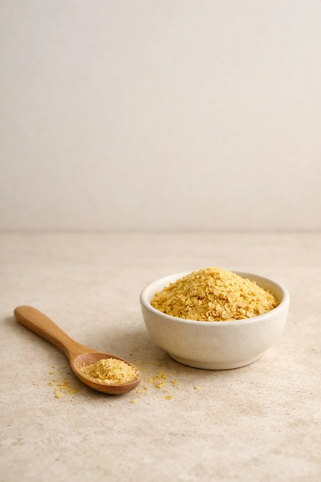 Nutritional yeast flakes in a ceramic bowl, softly lit on a neutral stone surface