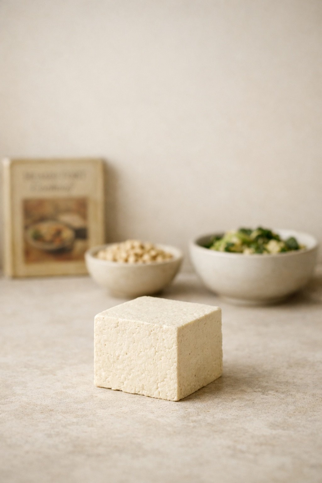 Block of tofu on neutral surface with subtle background elements symbolising historical and modern cultural integration.