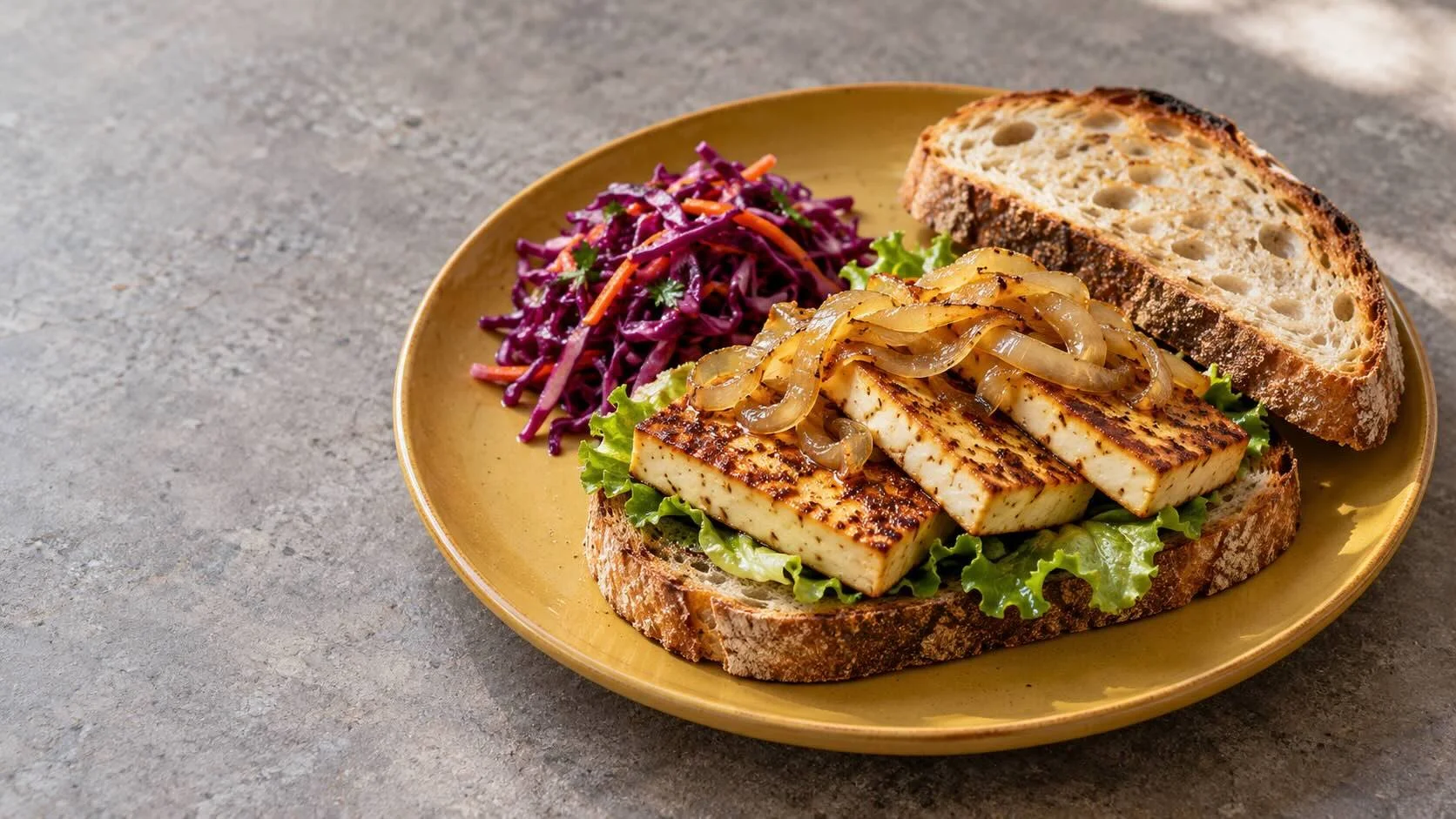 Open toasted sourdough sandwich with golden pan-seared tofu, onions and lettuce, served with red-cabbage slaw.