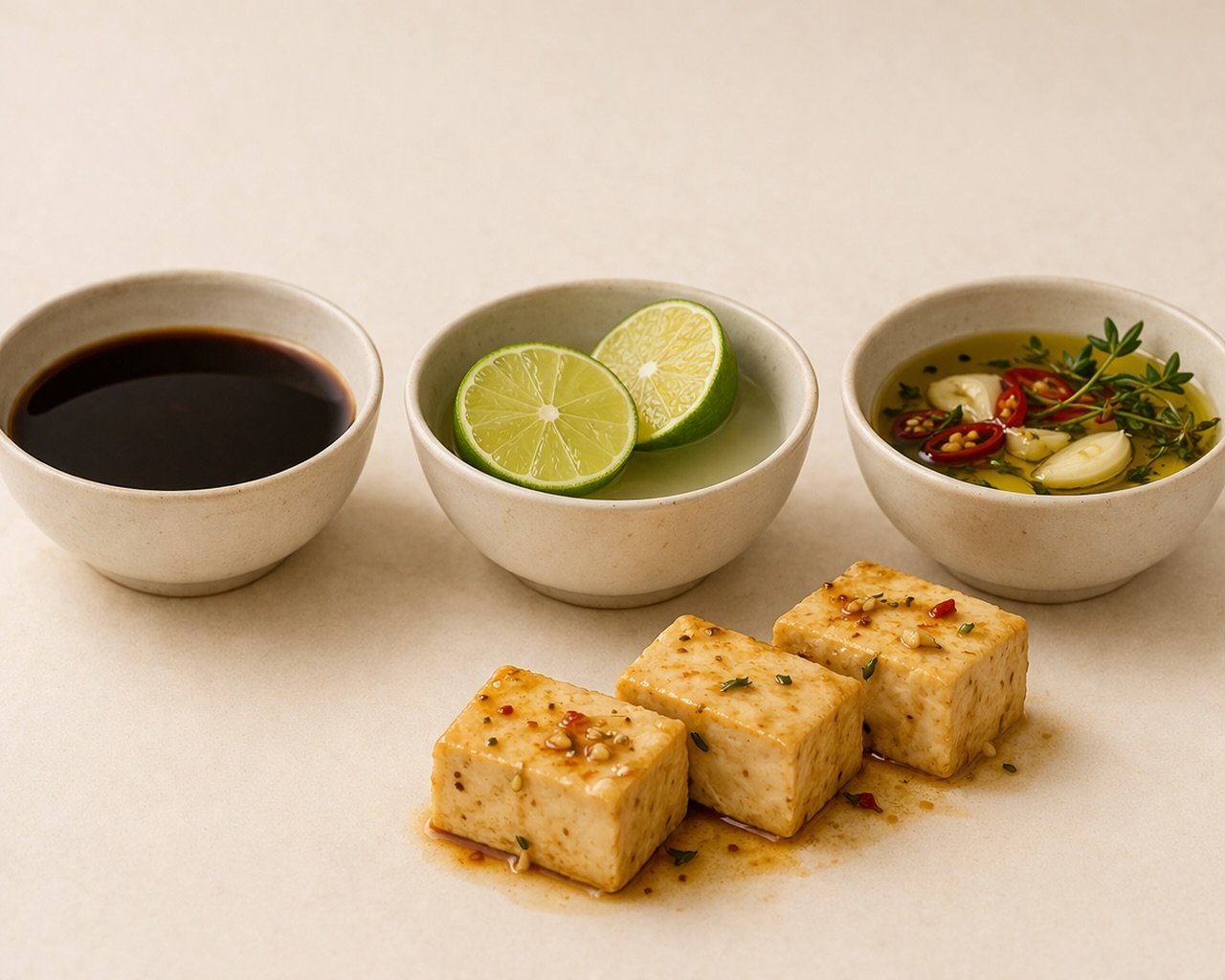 Three-step tofu marinade setup showing savoury base, acidic element, and aromatic oil with tofu pieces in a minimalist editorial style.