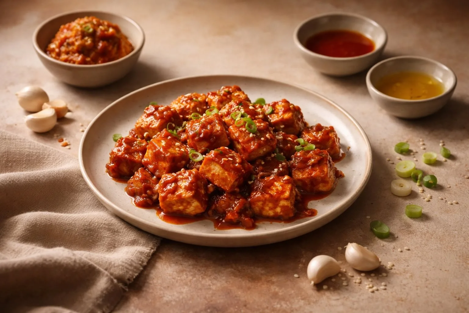 Tofu with kimchi and gochujang in an editorial still-life composition