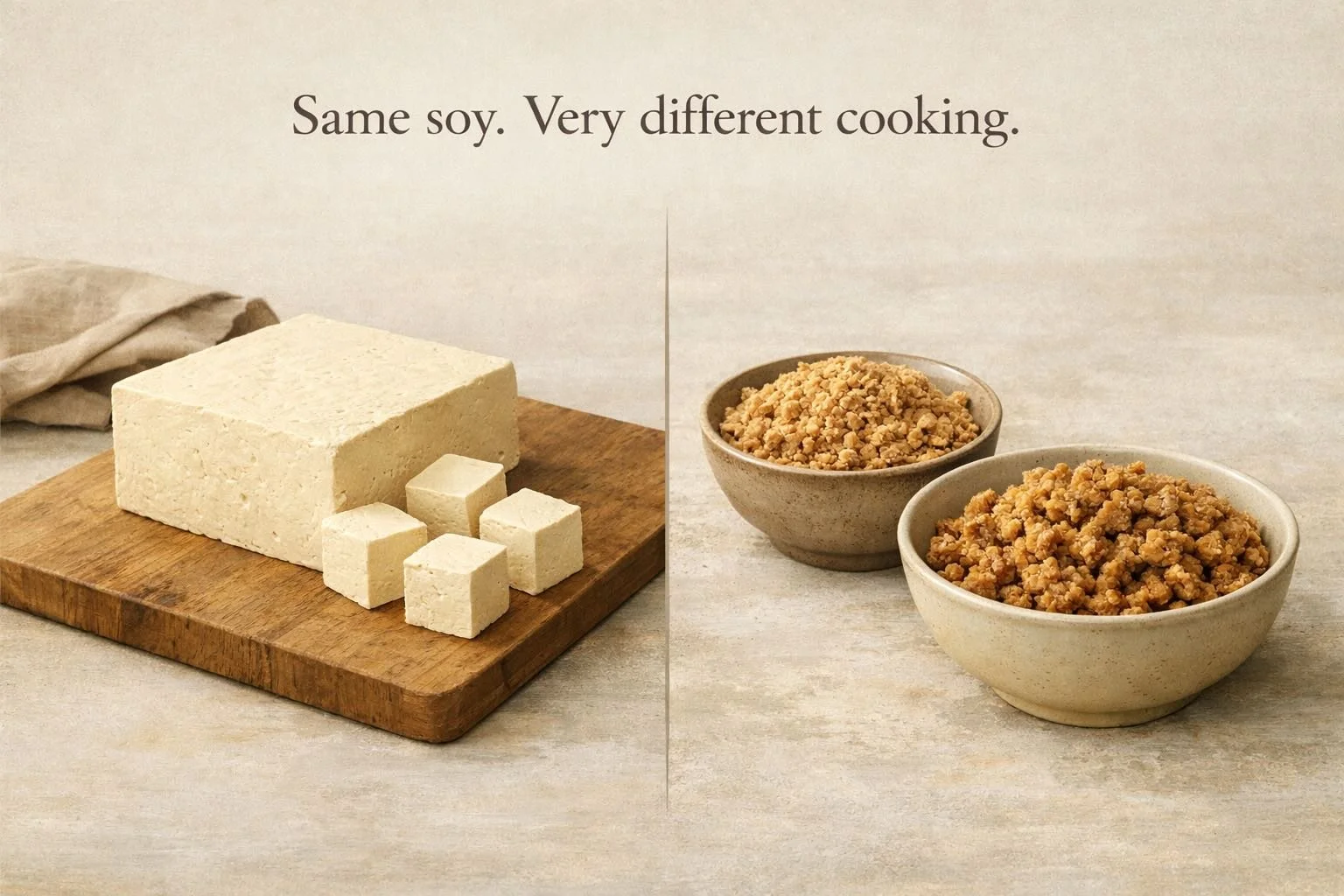 Side-by-side comparison of tofu and textured vegetable protein showing structural and texture differences
