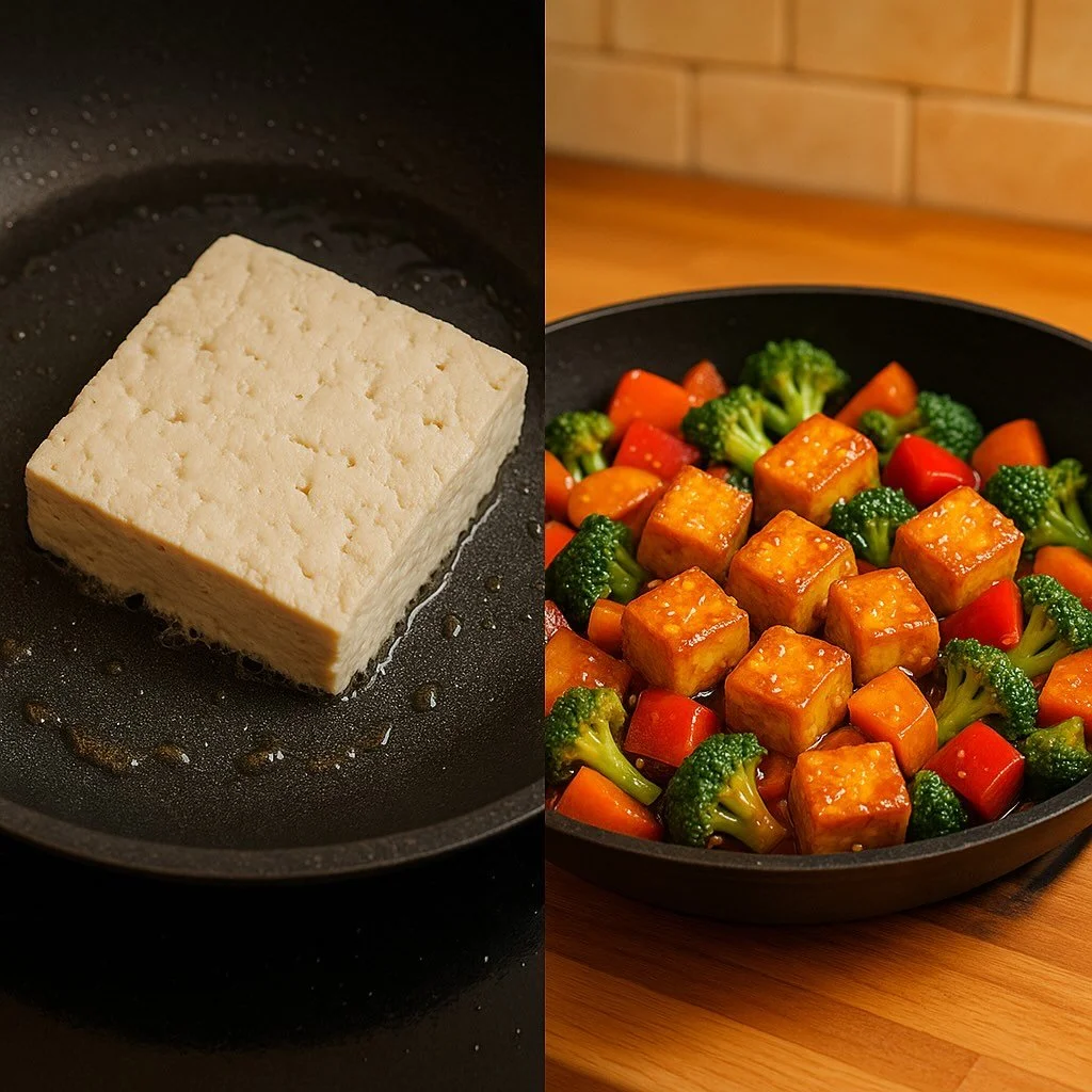 Golden crispy tofu stir-fry next to soggy tofu mishap.