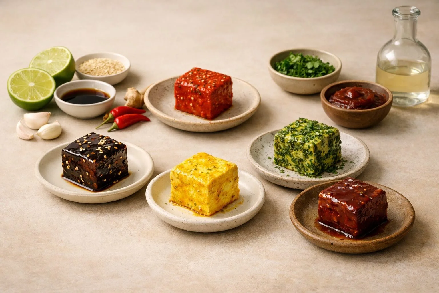 Five marinated tofu preparations inspired by global cuisines, styled in a minimalist editorial still-life with herbs, citrus, and sauce ingredients.
