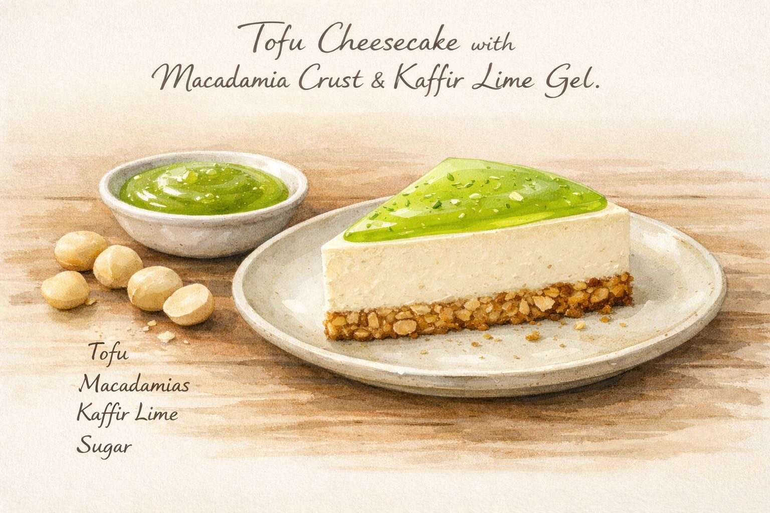 Landscape illustration of tofu cheesecake with macadamia crust and kaffir lime gel on a minimalist dessert plate.