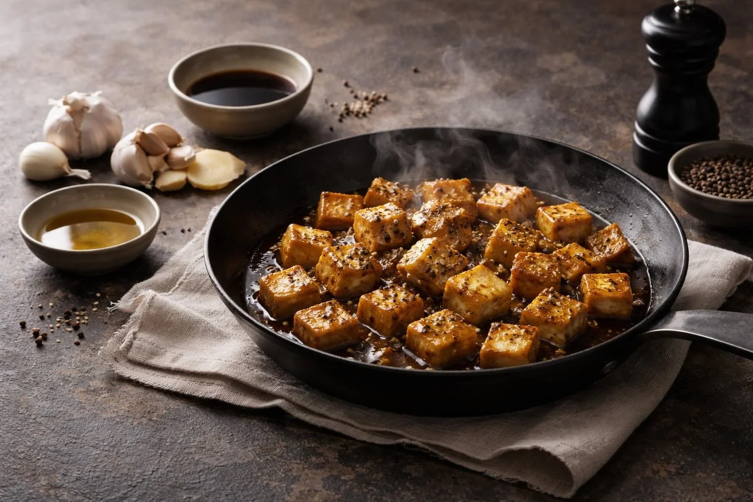 Landscape editorial still-life of black pepper tofu stir-fry in a pan with soy sauce, garlic, ginger, and peppercorns.