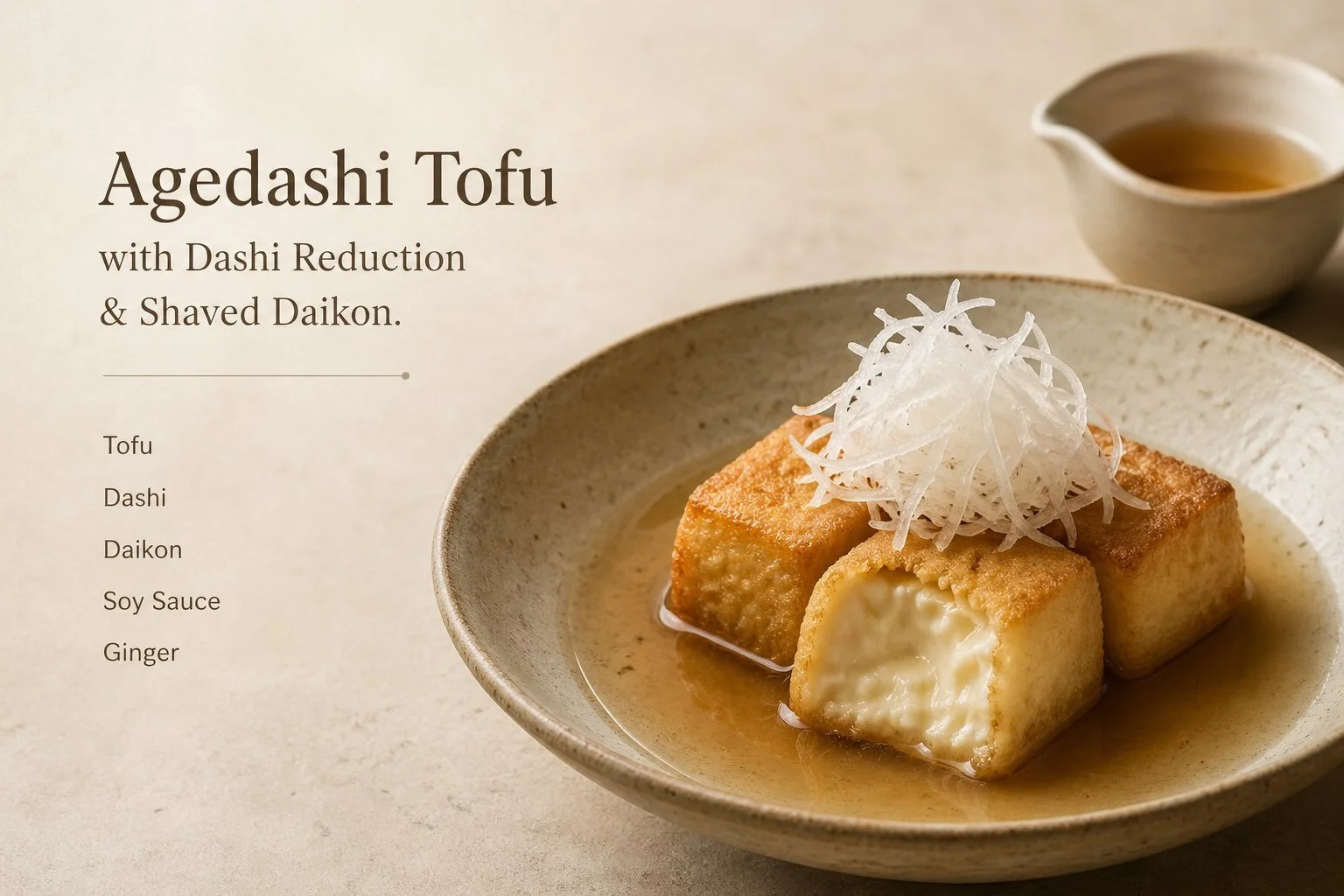 Agedashi tofu with crisp golden exterior and soft interior in light dashi broth topped with shaved daikon