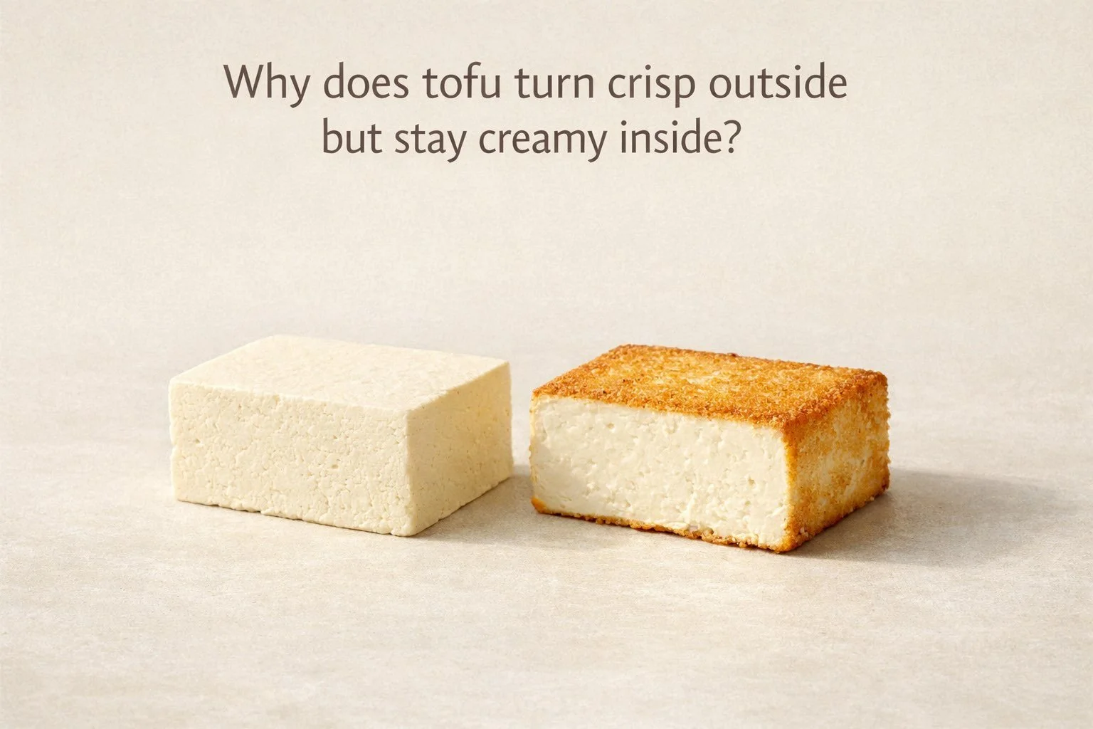 Side-by-side raw and pan-fried tofu showing crisp exterior and creamy centre