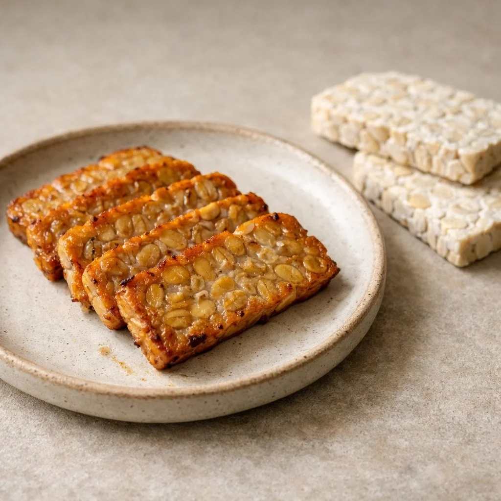 Close-up of sliced tempeh showing whole soybeans and fermentation texture in a calm, editorial kitchen setting