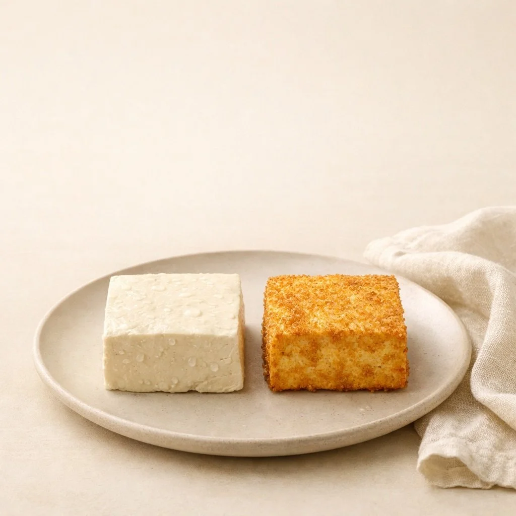Comparison of wet and dry tofu showing how moisture affects crispness and texture in cooking