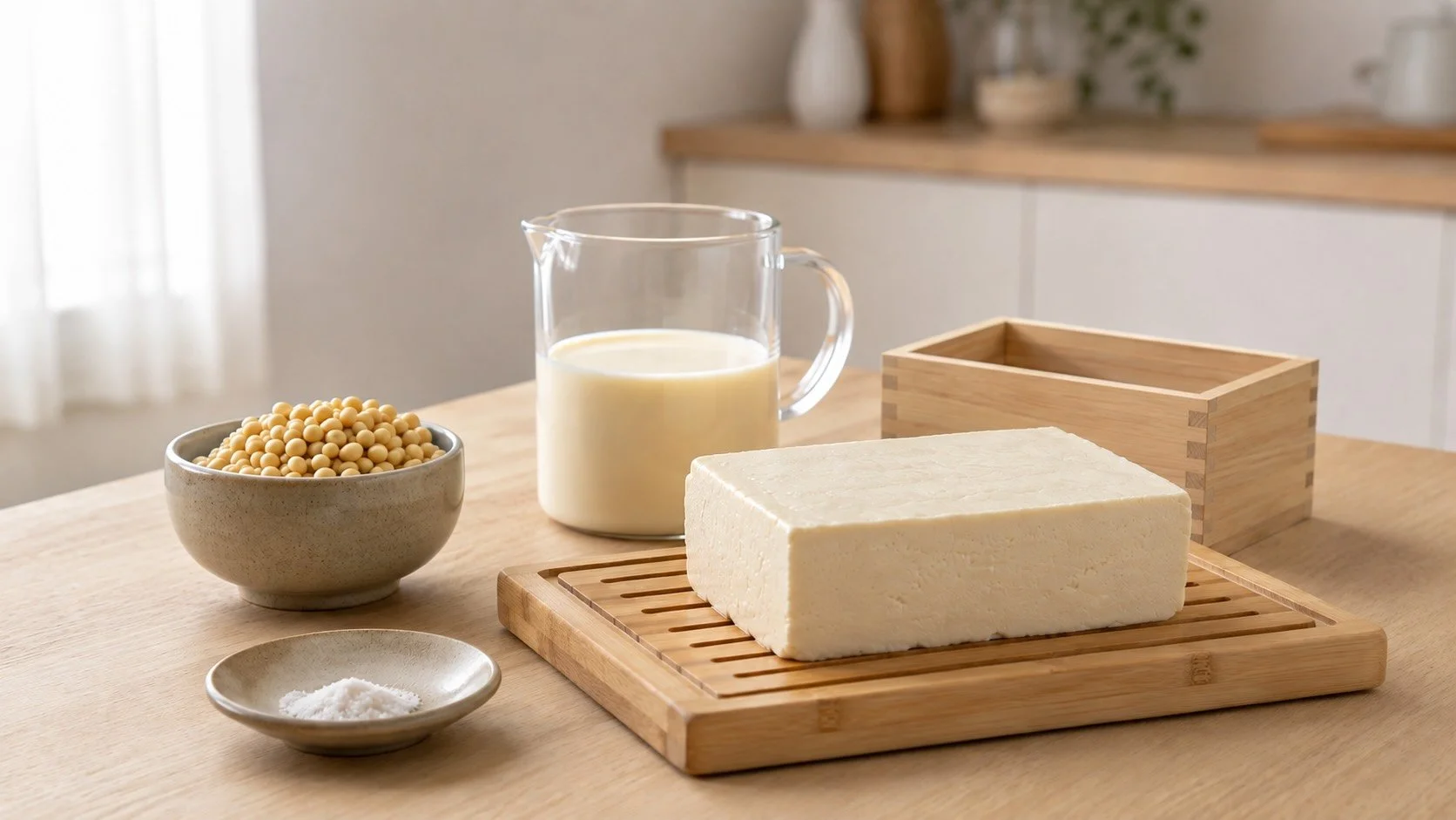 Fresh homemade tofu on a bamboo draining board beside soybeans, soy milk, coagulant and a wooden tofu mould in a bright kitchen.