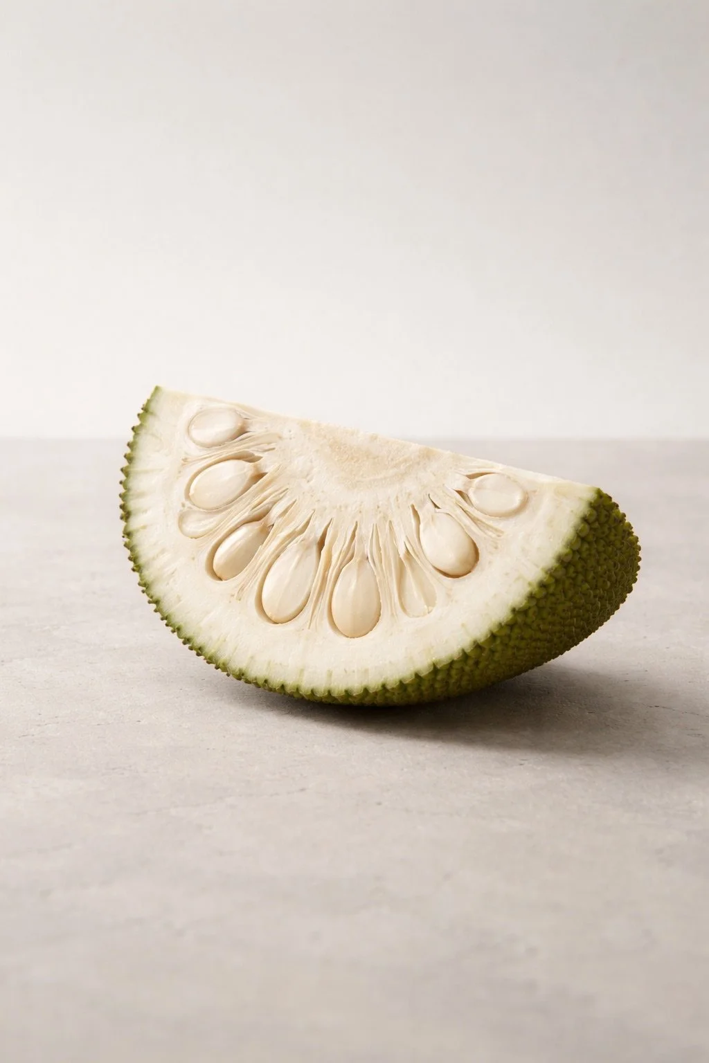 Young green jackfruit wedge showing natural fibrous interior and seeds on neutral stone surface
