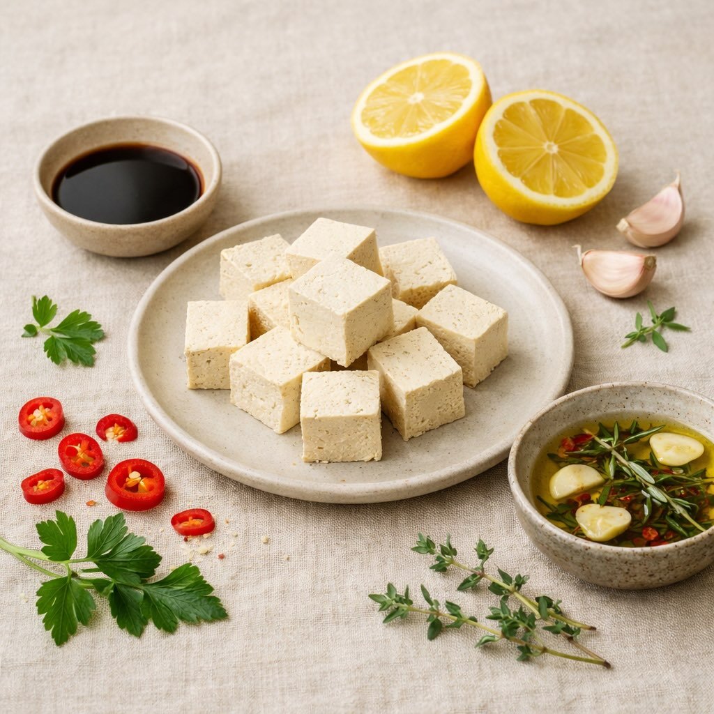 Tofu on a ceramic plate surrounded by soy sauce, lemon halves, olive oil with garlic and herbs, and scattered spices, showing pairing ingredients before mixing